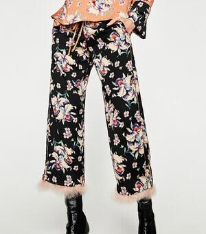 NWT Zara Floral Satin Feather Trim Pants Size Medium